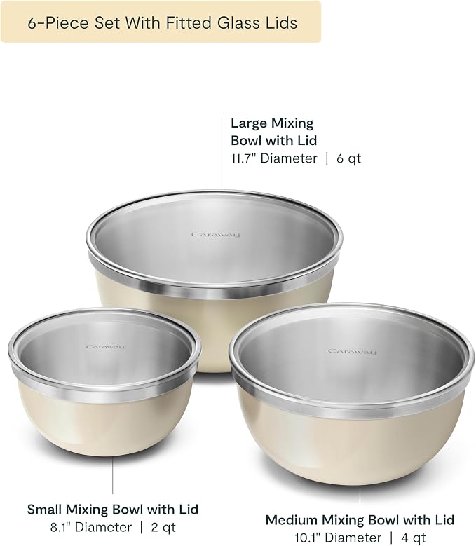 Caraway 6-Piece Stainless Steel Mixing Bowl Set with Glass Lids | 6 qt, 4 qt, 2 qt Kitchen Bowls with Tempered Glass Lids, Non-Toxic, PFAS-Free, Cream - Image 2