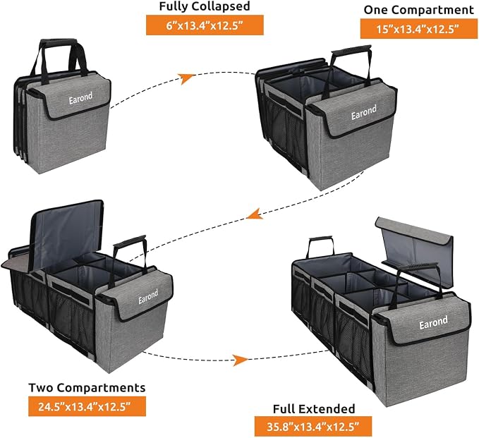 Collapsible Trunk Organizer with Insulated Leakproof Cooler Bag,Removable Lid,Adjustable Securing Straps,3 Compartments Trunk Organizer for SUV,Truck,Sedan(Light Grey) - Image 5