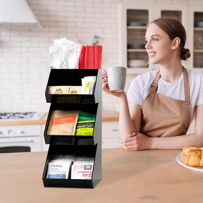Inevibe Condiment Holder Stand, 3 Tier Coffee Station Organizer | Triple Compartment Black Acrylic Caddy Storage Rack for Condiments, Sauce Packets, & Coffee Display in Bar, Restaurant, Home - Image 2