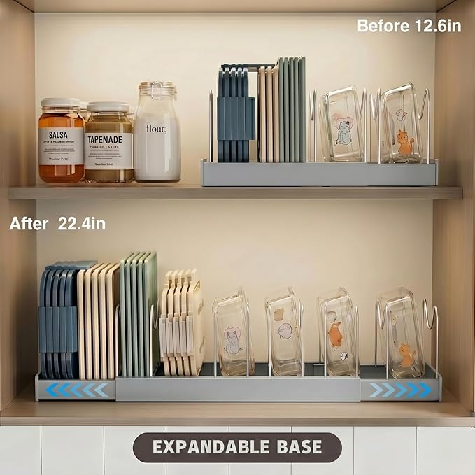 Magheo Expandable Food Storage Container Lid Organizers, 22" Pots and Pans Organizer Under Cabinet with 9 Adjustable Dividers Pot and Pan Lid Holders Rack Inside Cabinet(Gray,1 Pack) - Image 3