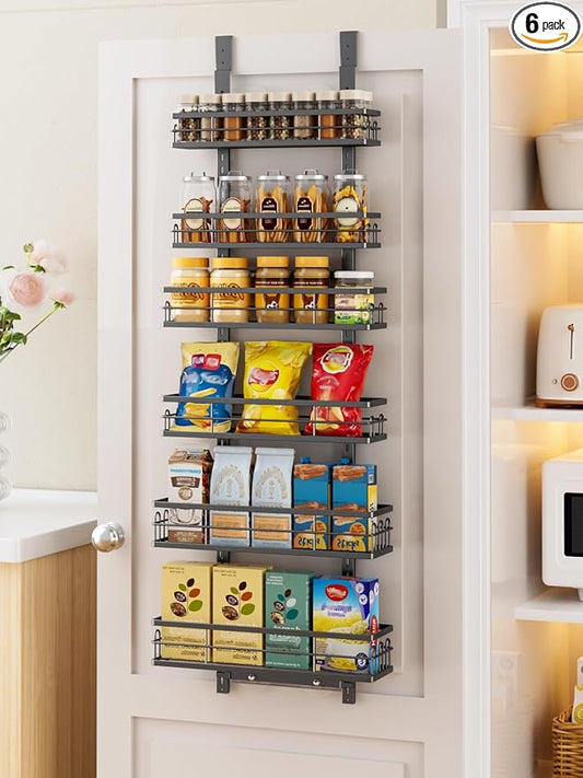 Delamu Over the Door Pantry Organizer, 6 Tier Pantry Door Organizer with Adjustable Basket, Door Spice Rack Seasoning Organizer, Metal Hanging Pantry Organizers and Storage for Kitchen,15.3" Black by DELAMU