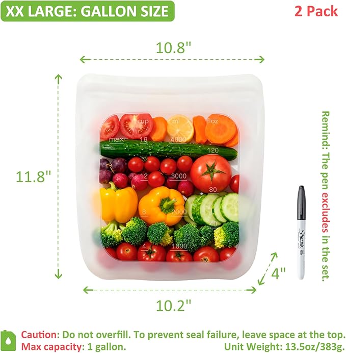 100% Silicone Gallon Storage Bags, Extra Large Reusable 1 Gallon Silicone Storage Bags Stand-Up Zip-Lock Leakproof for Bulk Food & Large Portions, Freezer Microwave Sous Vide Dishwasher Safe, 2 Pack - Image 3