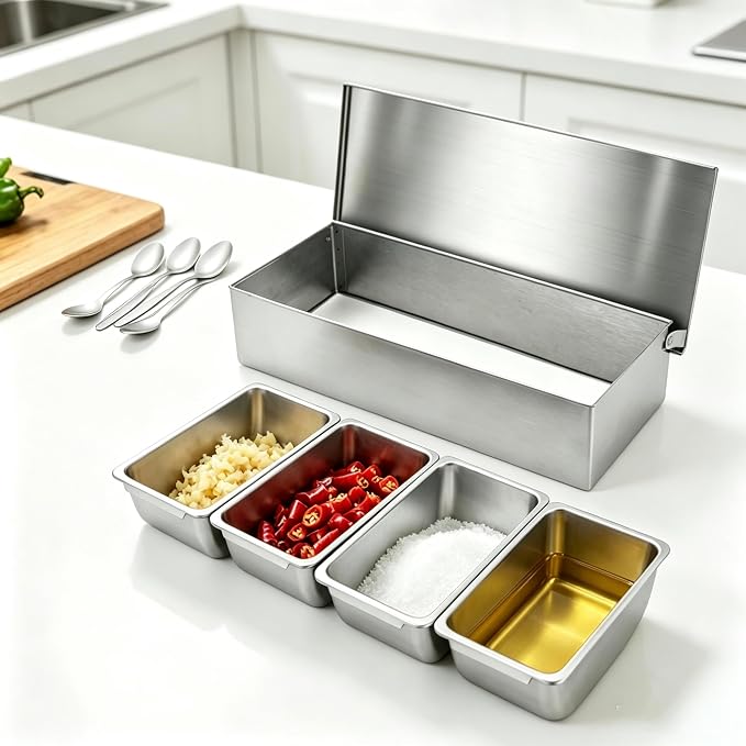 Pizza Topping Station Stainless Steel Spice Organizer Rack Condiment Caddy | Seasoning Container Removable Ingredient Holder, Pizza Oven Accessories with Lid for Grill Table Cart, Kitchen& Buffet - Image 3