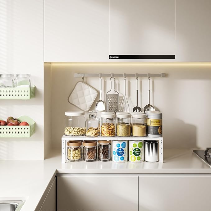 Expandable,Adjustable & Stackable Spice Rack, Cabinet Kitchen Countertop Shelf Organizer,Metal Pantry Storage Shelves - Space-Saving Storage Solution(1Pack/White/Large) - Image 2
