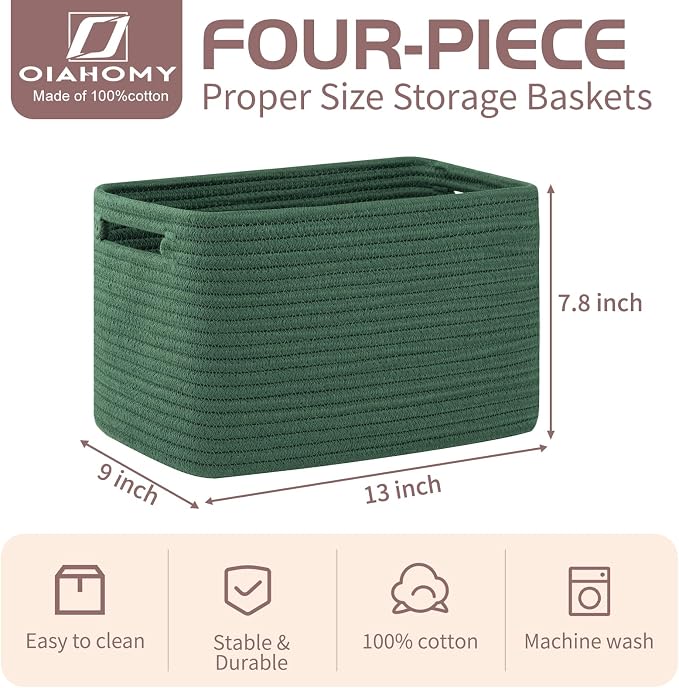 OIAHOMY 4 Pack Storage Baskets for Organizing, Cube Storage Bins for Shelves, Rectangle Storage Baskets With Handles, Woven Baskets for Storage, 12.7''Lx9''Wx7.8''H, Green - Image 2