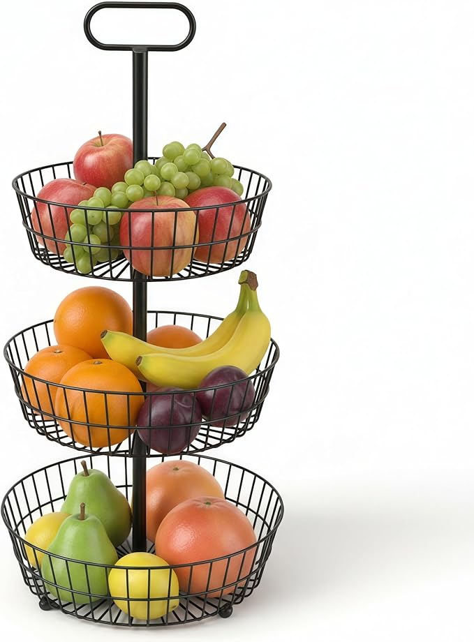 HOSY 3-Tier Metal Round Standing Fruit Basket with Handle, Vegetables Stand | Black, Metal Material, 28.5" Height, 13.5" Diameter, Tool-Free Assembly, for Kitchen Countertop, Dining Table, Party Buffet by Unknown