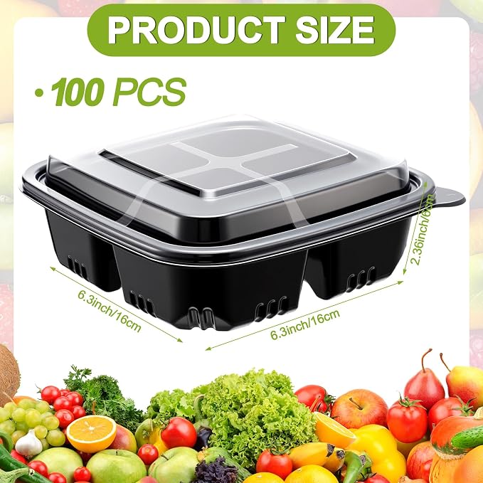 100 Pack 4-compartment Bento Snack Boxes with Lids Divided Lunch Containers for Travel School Camping Outdoor Home (Black) - Image 2