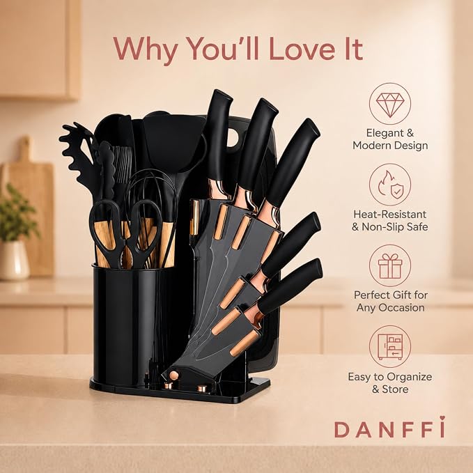 19-Piece Black Kitchen Utensils Set with Knife Set & Cutting Board - Silicone Cooking Utensils with Wooden Handles, Rose Gold Accents, Scissors, Whisk & Tongs - BPA-Free Modern Black Kitchen Gift Set - Image 2