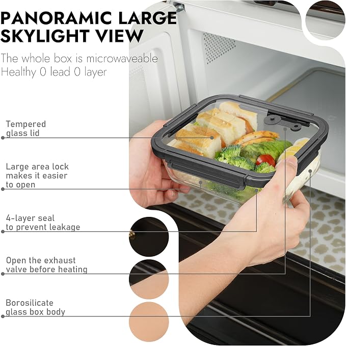 10-Pack Glass Food Storage Containers with Tempered Glass Lids – Borosilicate, Airtight, Oven-Safe (-4°F~950°F), BPA-Free, 4.4 & 1.6 Cup, Leak-Proof, Dishwasher Safe (Gray) - Image 5