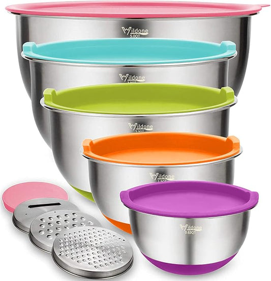 Wildone Mixing Bowls with Airtight Lids Set, 5PCS Stainless Steel Nesting Bowls for Kitchen, with Grater Attachments & Non-Slip Bottoms, Size 5, 3, 2, 1.5, 0.63 QT, for Baking & Serving (Colorful) by Wildone