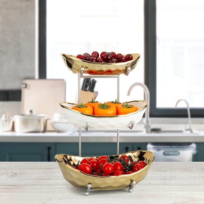 Ceramic Fruit Bowl for Kitchen Counter, 3 Tier Ceramic Serving Bowls with Metal Stand, Fruit Basket Stand Fruit Serving Tray Set for Vegetable Storage, Candy Snack Dessert Cake (Gold) - Image 2