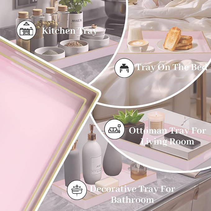 Pink Serving Tray with Handles, Plastic Decorative Tray Set of 2 | Pink Decorative Tray for Coffee Table, Modern Ottoman Tray, Rectangle Melamine Tray for Living Room, 15.8"L x 10.2"W x 1.4"H - Image 7