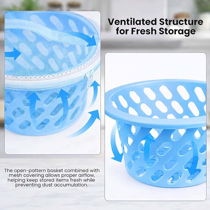 Go Hooked Plastic Storage Net Basket with Zip Closure – Multipurpose Mesh Organizer for Fruits, Vegetables, Essentials – Durable, Lightweight & Breathable Design for Home & Pantry Use (Blue) - Image 2