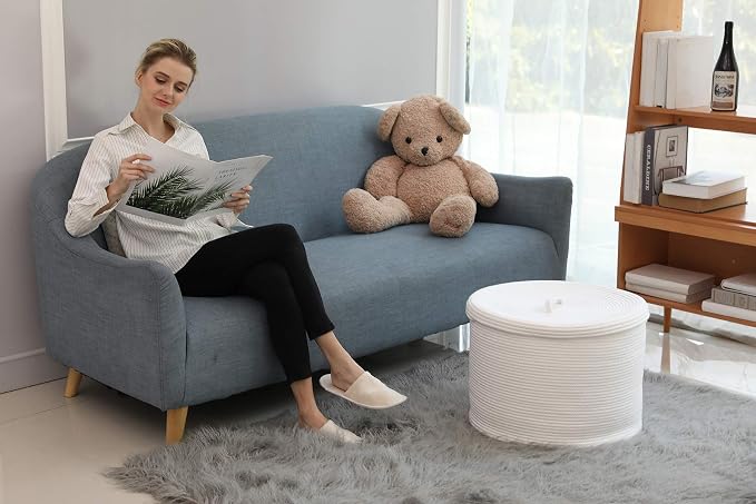20x15 Inch Extra Large Round Cotton Rope Storage Basket with Lid, Decorative Woven Bin with Cover for Living Room Bedroom Closet, White - Image 3