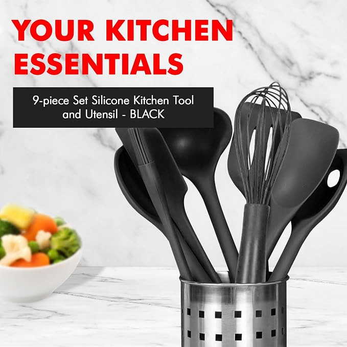 Chef Craft - Premium Silicone Kitchen Tools and Utensils Set, Non-Scratch, Withstands Temperatures up to 450°F, BPA-Free, 9 Piece Cooking Utensils Set, Black - Image 2