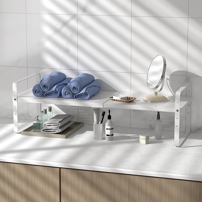 Expandable Kitchen Cabinet Shelf Organizer 16.5"-27" L x 8" W, White | 80LBS Heavy Duty Riser, Adjustable Counter Shelf for Cabinets, Countertop, Cupboard Organizers and Storage, Spice Rack - Image 5