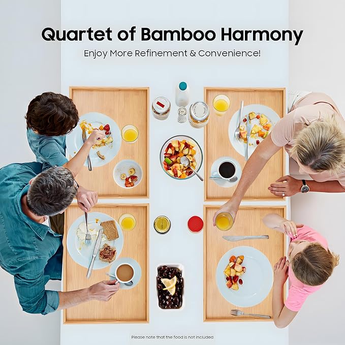 4 Pack Bamboo Serving Tray with Handles Kitchen Large Food Bamboo Tray Couch Tray Tea Decorative Serving Pallet for Dinner, Breakfast, Table Snack, 18.1×13×1.4In - Image 3
