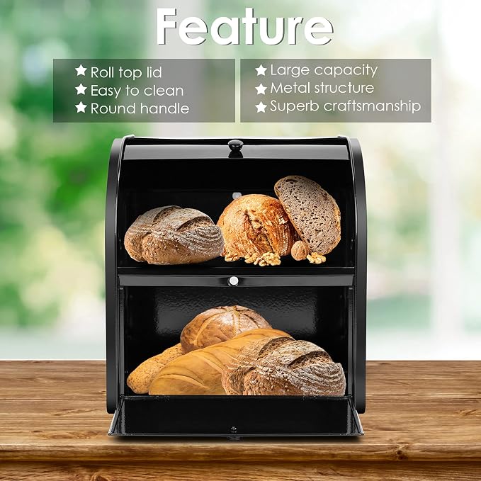 Stainless Steel Bread Box, 2 Layer Roll Top Bread Boxes, Large Capacity Food Storage Container for Kitchen Counter, Metal Bread Bin, Bread Holder for Countertop 12.6" x 9.7" x 12.8" (Black) - Image 3