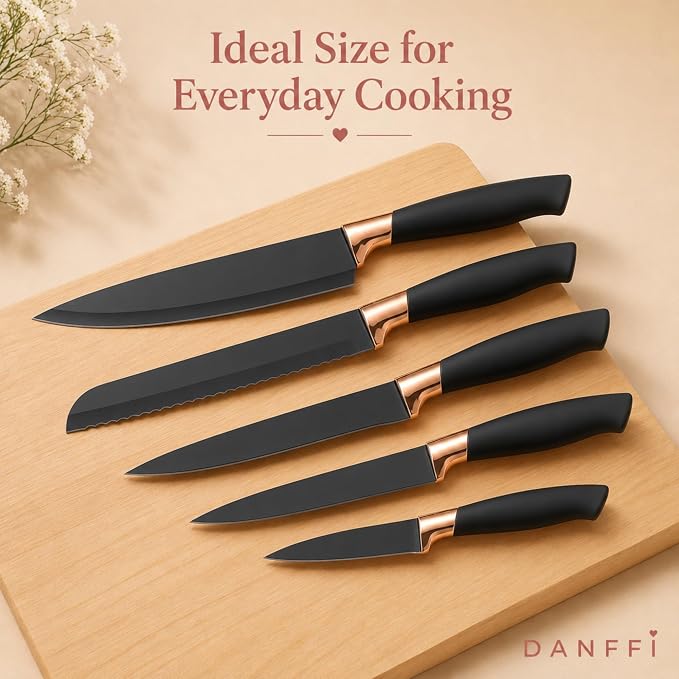 19-Piece Black Kitchen Utensils Set with Knife Set & Cutting Board - Silicone Cooking Utensils with Wooden Handles, Rose Gold Accents, Scissors, Whisk & Tongs - BPA-Free Modern Black Kitchen Gift Set - Image 3