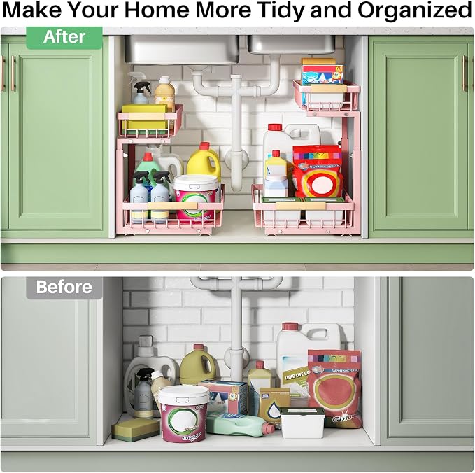 Kitstorack Under Sink Organizer, 2 Tier Under the Sink Storage, Slide out Pull out Cabinet Organizer Shelf, Metal Sliding Drawer for Kitchen Bathroom Pantry Closet Organization Rack, Pink, 2 Pack - Image 8