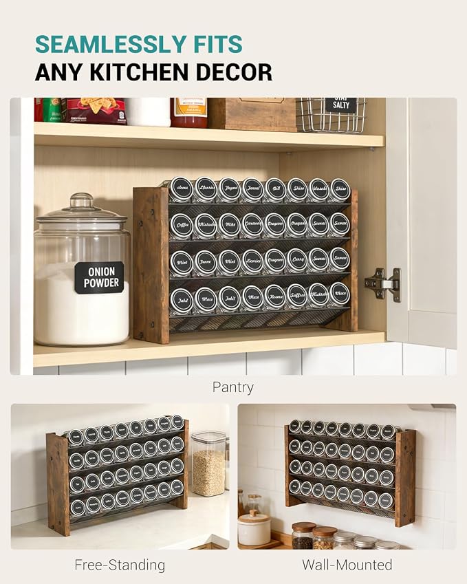 NESAPTO Spice Rack Organizer with 32 Glass Spice Jars, Wood 4-Tier Seasoning Organizer with Labels for Cabinet, Pantry, Countertop or Wall Mount, Chalk Marker and Funnel Set, 15.7" W × 9.4" H - Image 7