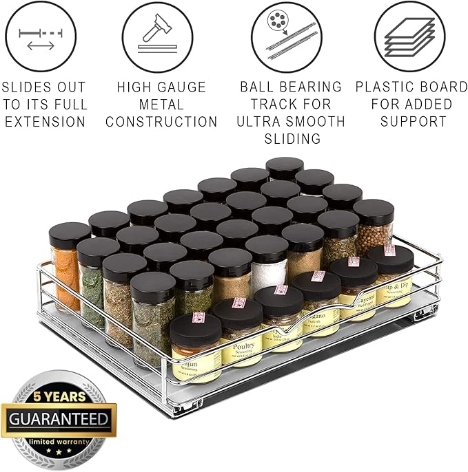Pull-Out Cabinet Spice Rack Organizer, 14 ⅜"W x 10 ⅜"D x 2 ¾"H | Slim Slide-Out Storage for Spices, Bottles & Jars, Premium Heavy-Duty Steel, Easy Install for Narrow Kitchen Cabinets, Chrome - Image 2