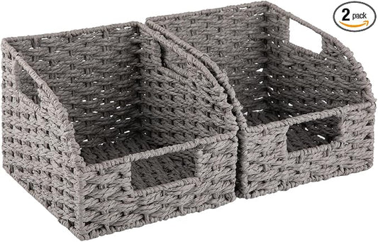 OIAHOMY Pantry Baskets for Organizing, Paper Rope Baskets with Built-in Handles, Wicker Storage Bins for Shelves, 2 Pack-Grey by MasterofSpaceOptimization