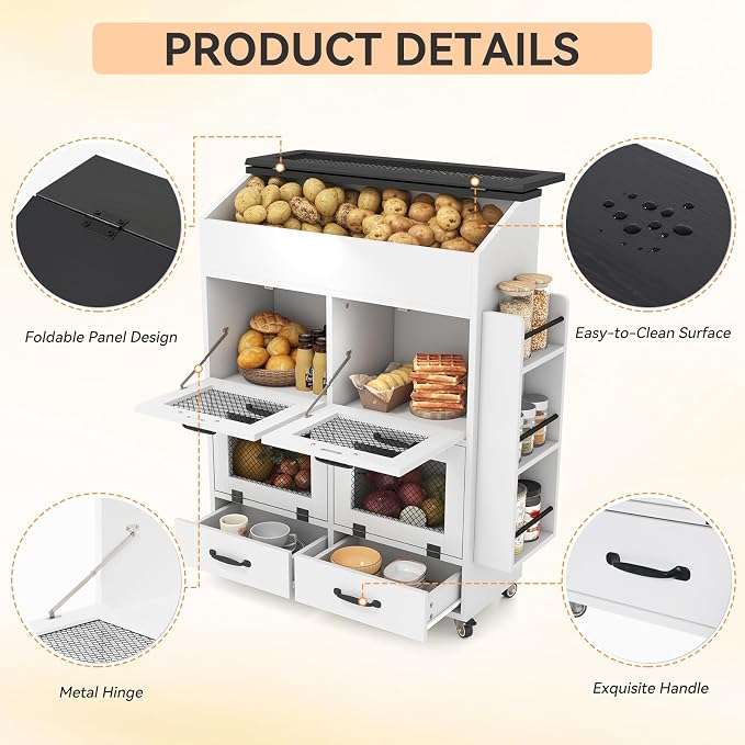 Verano Garden 31.5" Large Potato and Onion Storage Bin on Wheels, Bread Box | Fruit and Vegetable Organizer, Rolling, Side Rack, Flip-top, Mesh Doors, 4-Tier, Grocery Section, Ventilated, Wood, Kitchen - Image 6