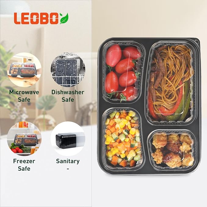 40 Pack 34oz 4-Compartment Bento Box - Shrink-Wrapped No Pre-Wash | Leak-Resistant Takeout Containers | BPA Free Shatterproof Flexible PP | Microwave Safe To Go Box, Bulk Leftover Storage - Image 3