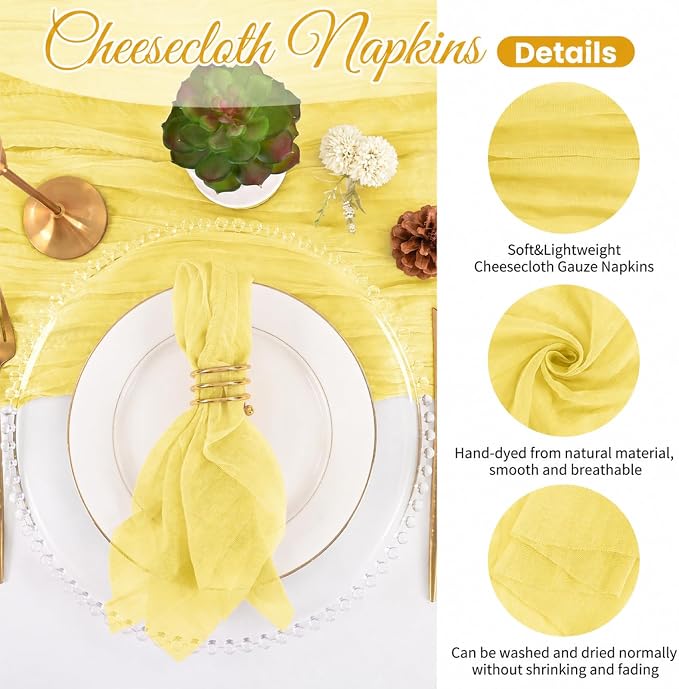 100 Pack Yellow Napkins 20x20Inch Cheesecloth Napkins Bulk | Elegant Cloth Napkins for Table, Washable Rustic Boho Gauze Napkins, for Wedding Party Bridal Baby Shower Dinner Table Decor - Image 3