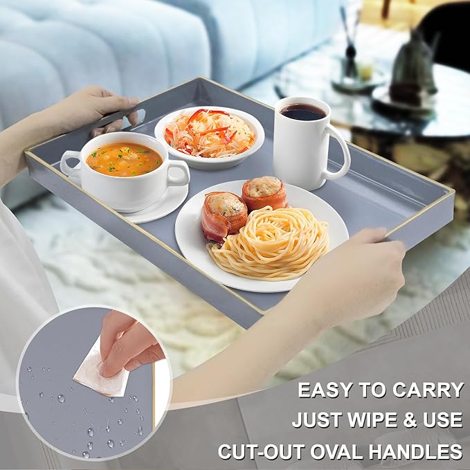 Gray Serving Tray with Handles, Modern Grey Decorative Tray for Coffee Table, Plastic Rectangular Gray Trays for Ottoman, Bathroom, Decor, 15.8” x 10.2” x 1.4" - Image 3