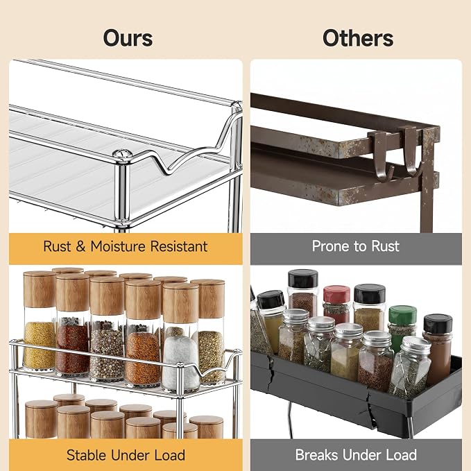 MUDEELA 2 Pack Pull Out Spice Rack for Inside Cabinet, 2 Tier Chrome Spice Organization for Cabinet, Vertical Sliding Out Spice Rack Organizer for Seasoning, 10.4''D×4.8''W×9.3''H - Image 4