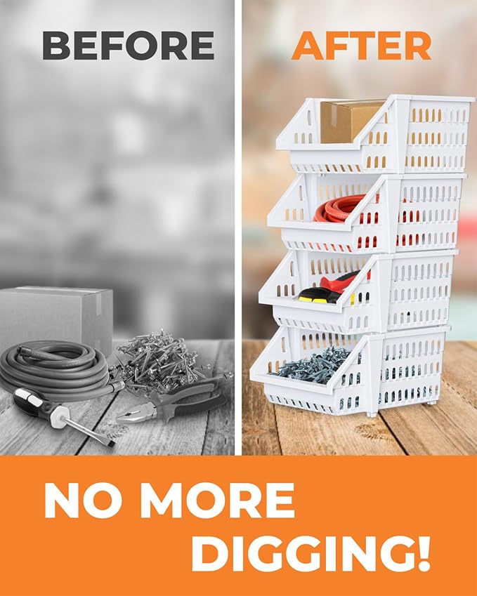 Small Stackable Storage Bins Open Front for Pantry Storage, 12 Pack - White | Sturdy Plastic, Easy Stacking, Open Front Access, Ventilated Sides, Vertical & Space Saving Pantry Organizers and Storage Bin - Image 5