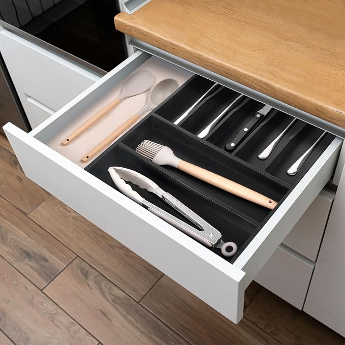 Kitchen Bamboo Silverware Organizer, Kitchen Drawer Organizer - Utensil Holder and Cutlery Tray with Grooved Drawer Dividers for Flatware 7 Slot, Black - Image 9