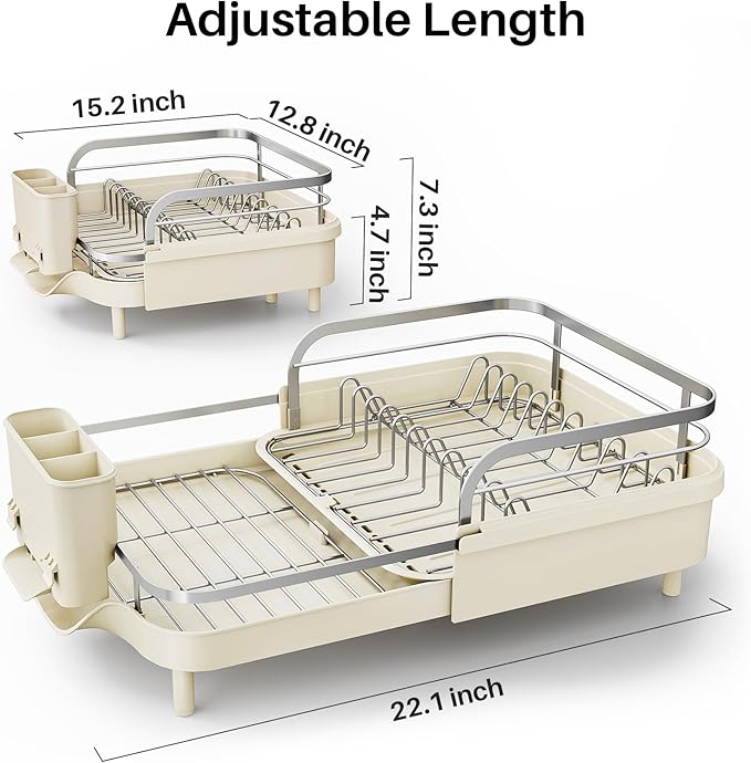 SNTD Expandable Dish Drying Rack for Kitchen Counter, 15.2-22.1 in, Beige | Rust-Resistant Stainless Steel, Protective Side Rails, Self-Draining Drainboard, Removable Utensil Holder - Image 2