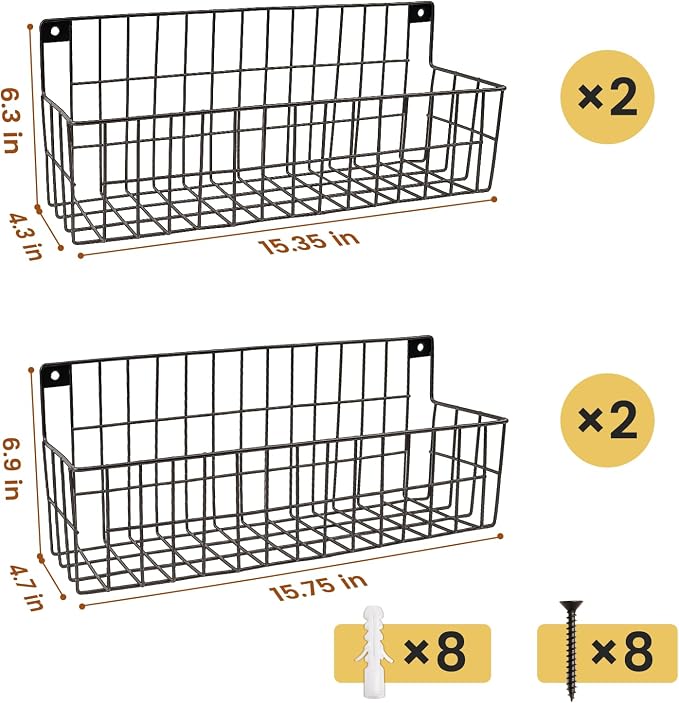 FamilyKit 4 Set Extra Large Hanging Wall Wire Baskets, Black | Metal Hanging Wall Mount Wire Basket for Organizing & Storage, Sturdy Wall Organizer for Home Kitchen Bathroom Storage - Image 2