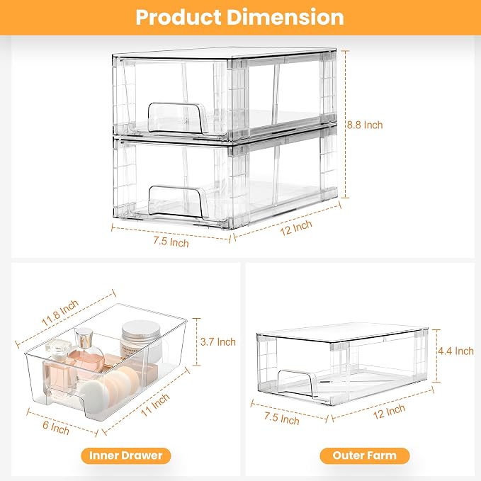 2 Pack Stackable Storage Drawers,Plastic Organizers Bins, Drawers Storage with Handles and Movable Dividers for Organization and Storage in Fridge,Bathroom, Pantry, Kitchen Cabinets, Under Sink - Image 2