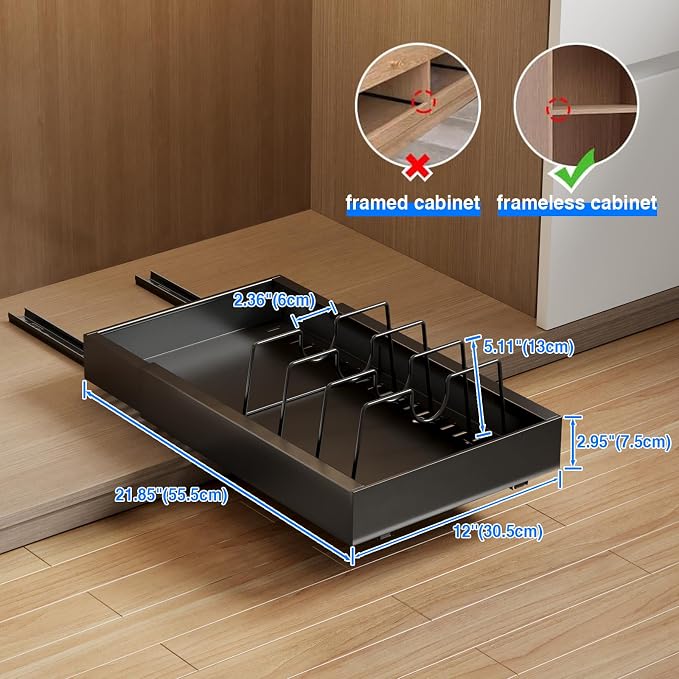 Mustorn 2 Pack Pull Out Cabinet Organizer with 8 Dividers,21.8" Deep Slide Out Drawers for Cabinets Adhesive Pull Out Drawers Heavy Duty Pull Out Shelves for Kitchen, Cupboard, Pantry, Bathroom-Black - Image 6