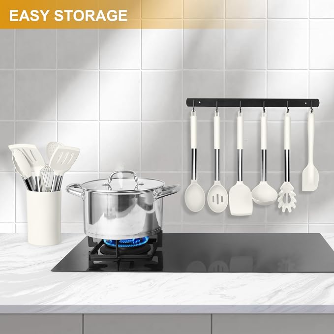 LIANYU 15 Pcs Cooking Kitchen Utensils Set with Stainless Steel Handle | Silicone Kitchen Gadgets with Holder, Heat Resistant Spatula Tools, Brush Spoon Tong Whisk Ladle Turner for Cookware, White - Image 7