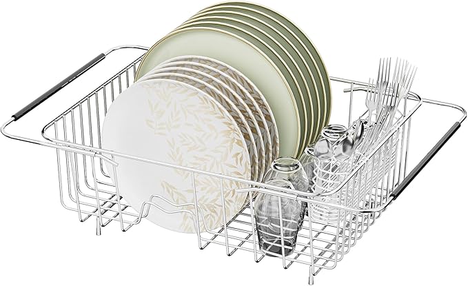 JAQ Over Sink Dish Drying Rack for Medium to Large Sink, Expandable 15.08"–22.4", Adjustable 304 Stainless Steel Dish Drainer with Utensil Holder, Large Capacity Holds Up to 13 Plates by JAQ-BuyNow