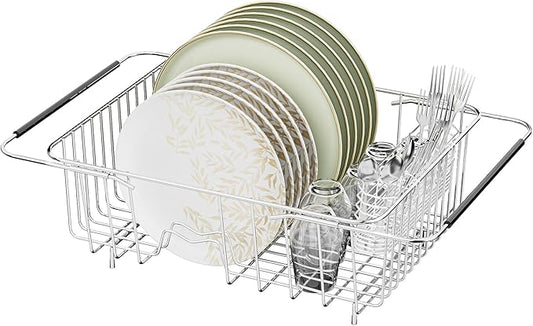 JAQ Over Sink Dish Drying Rack for Medium to Large Sink, Expandable 15.08"–22.4", Adjustable 304 Stainless Steel Dish Drainer with Utensil Holder, Large Capacity Holds Up to 13 Plates by JAQ-BuyNow