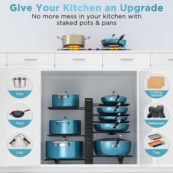 Pots and Pans Organizer Under Cabinet 16.6" 8-Tier Adjustable 2-Pack | 3 DIY Modes, Tool-Free Assembly, Non-Slip, Fits Lightweight Pots Up to 11", For Kitchen Cabinets, Shelves & Countertops - Image 4