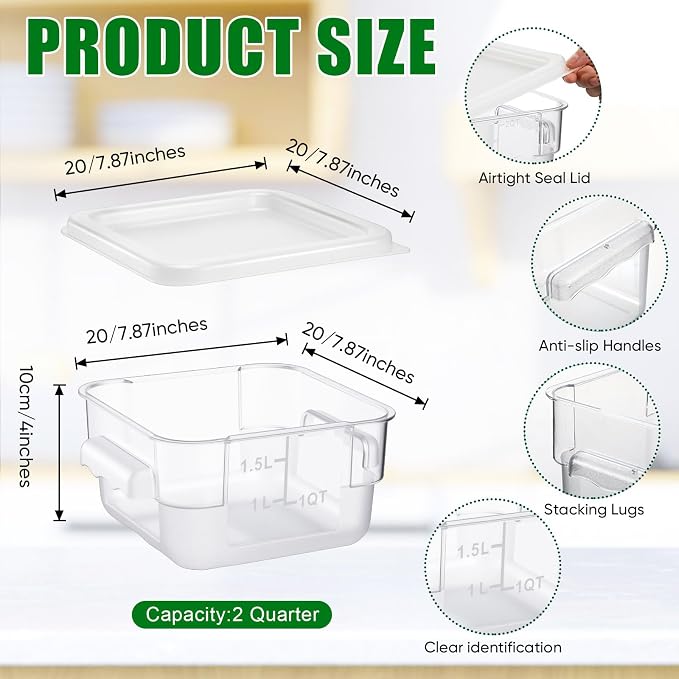FoldTier 2 Pieces Square Food Storage Containers Polycarbonate Clear food Container with Lid Commercial Storage with Graduations for Commercial Kitchen Dough Marinating Meat(White,2 Qt) - Image 2