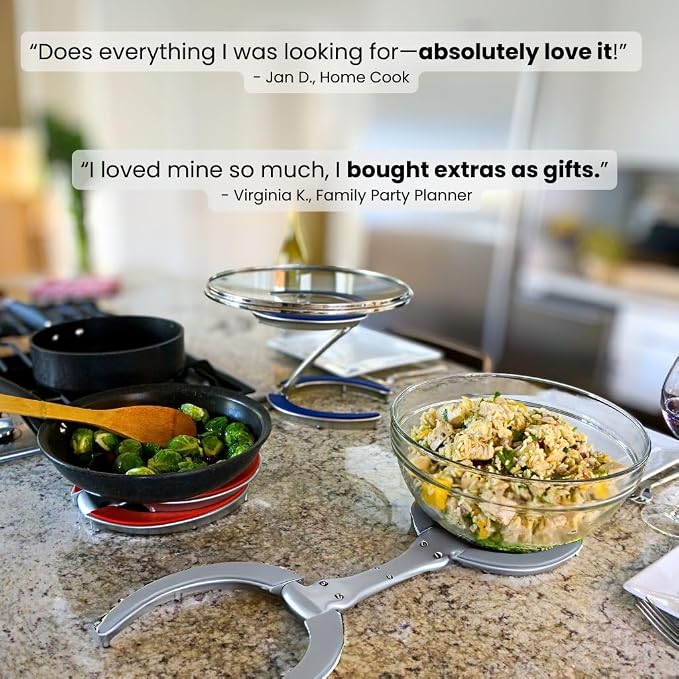 Trivae 4-in-1 Pot Lid Holder and Kitchen Trivet for Countertop – Durable Cast Aluminum Hot Pan Stand & Cake Display – Heat Resistant Silicone, Space Saving Foldable Design - Image 8