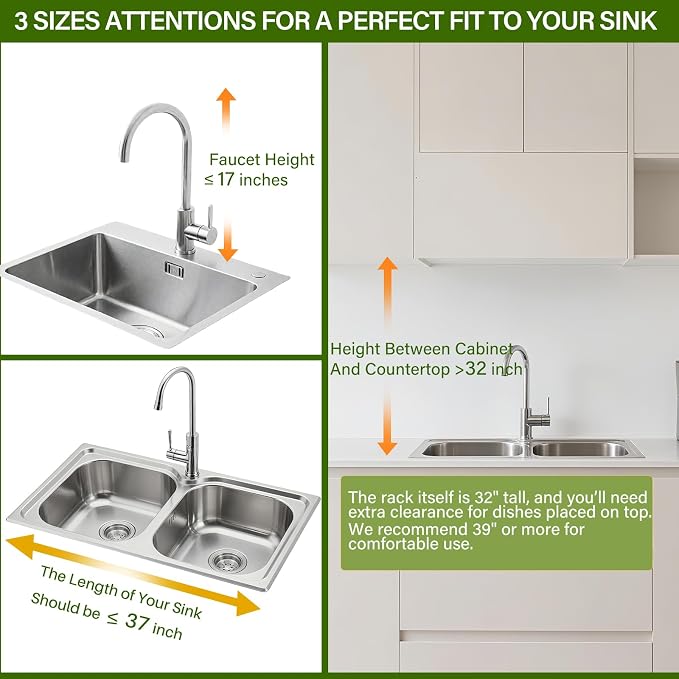 Over The Sink Dish Drainer Drying Rack 3 Tier, Full Stainless Steel Dish Drying Rack Adjustable Length 20.9''-37.4'', Kitchen Sink Shelf, Organized Space-Saving Dish Rack - Image 9
