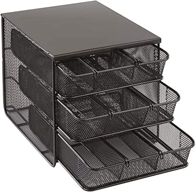 Safco Onyx Hospitality Organizer, 3 Drawers, For Snacks, Coffee Pods, Sugar Sweetener, Stirrer, Napkins and More, Steel Mesh, Black by SafcoProducts