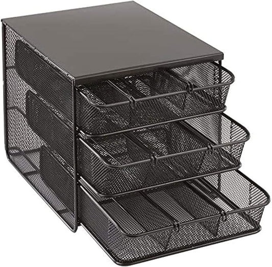 Safco Onyx Hospitality Organizer, 3 Drawers, For Snacks, Coffee Pods, Sugar Sweetener, Stirrer, Napkins and More, Steel Mesh, Black by SafcoProducts