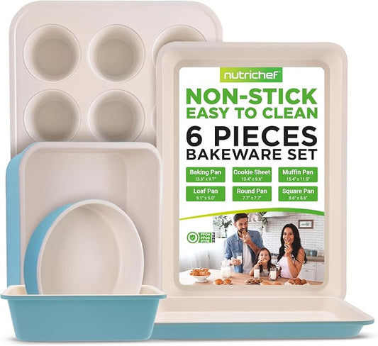 NutriChef 6-Piece Baking Pan Set, Carbon Steel Bakeware with Premium Ceramic Nonstick Coating, Includes 12-Cup Muffin Pan, Cake & Loaf Pan, Wide Bake Pan, & Cookie Sheet - Turquoise by NutriChef%E2%84%A2Kitchen