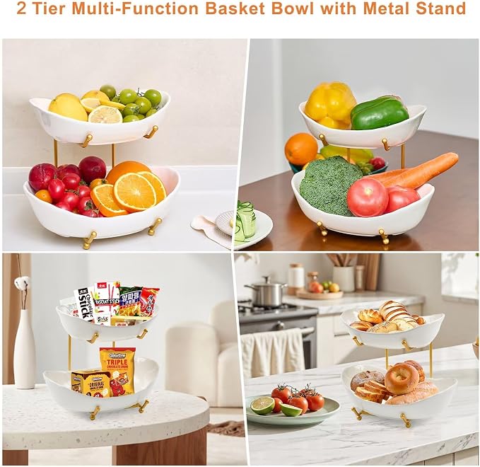 2 Tier Ceramic Fruit Bowl for Kitchen Counter | Fruit Rack with Gold Metal Stand, Fruit Holder for Fruit, Vegetables, Cake, Dessert, Bread Storage (White) - Image 7