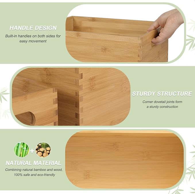 ANMINY Bamboo Storage Bins, Nesting 4PCS, Sturdy Mortise-Tenon Joint | Natural Bamboo Wood Boxes, Built-in Handles, Nestable for Space Saving, Sturdy Corner Joints, Decorative, for Pantry Shelf - Image 3